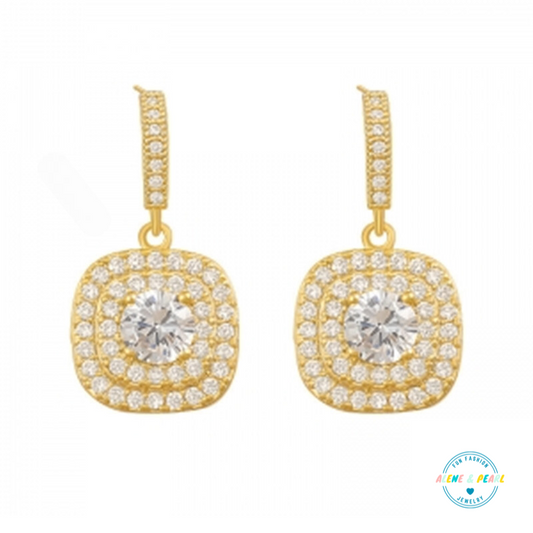 Gold 1” Square Halo Drop Earrings