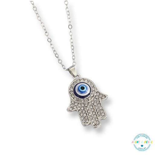 Silver EVIL EYE HAMSA HAND PENDANT NECKLACE