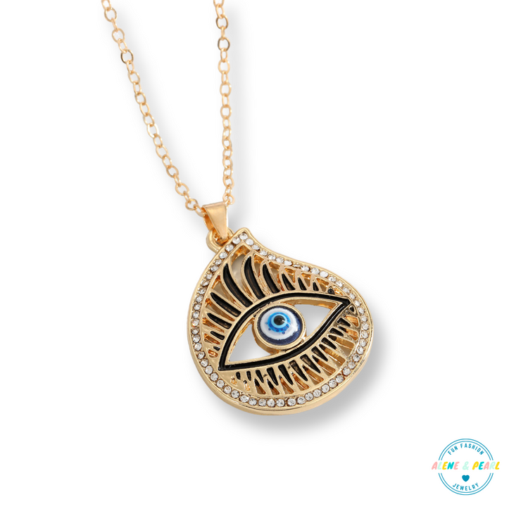 Gold Evil Eye Tear Drop Pendant Necklace