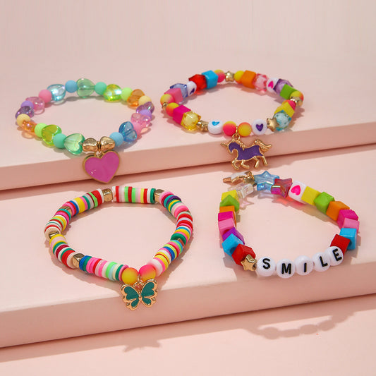 Rainbow Color Charm Stretch Bracelet Set - 4 pack